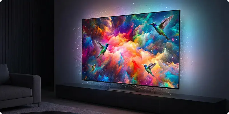 Vibrant quantum dot display showing colorful abstract art with birds